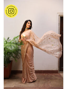 THREADS and BLOCKS - Dusty Beige Cocktail Jaal Saree with Unstitched Blouse