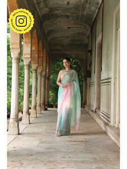 THREADS and BLOCKS - Pink Green Sequin Jaali Border Saree with Unstitched Blouse