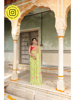 THREADS and BLOCKS - Mehendi Green Sequin Rose Jaal Saree with Unstitched Blouse