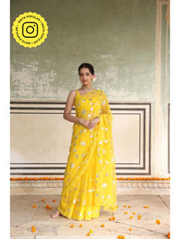 THREADS and BLOCKS - Yellow Kachi Patti Gota Jaal Saree with Unstitched Blouse