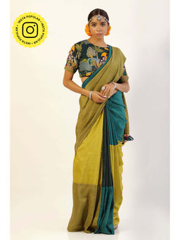 UDD DESIGN - Lime Green Patchwork Saree with Unstitched Blouse