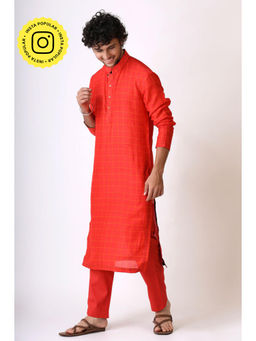 UDD DESIGN - Prem Red Checks Kurta and Pant (Set of 2)