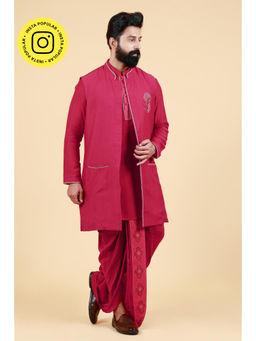 UDD DESIGN - Phoolkari Maroon Dhoti Kurta and Jacket (Set of 3)