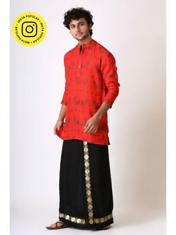 UDD DESIGN - Sangharsh Black-Red Veshti Kurta and (Set of 2)