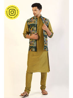 UDD DESIGN - Men Green Printed Nehru Jacket