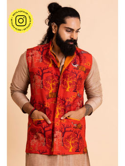 UDD DESIGN - Men Orange Printed Nehru Jacket