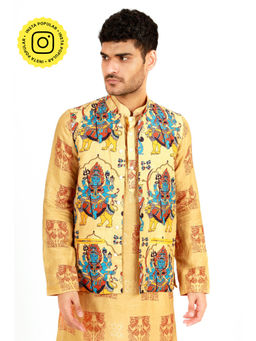 UDD DESIGN - Men Yellow Printed Nehru Jacket