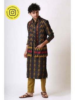 UDD DESIGN - Men Navy Blue Printed Nehru Jacket