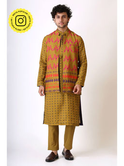 UDD DESIGN - Men Green Printed Nehru Jacket