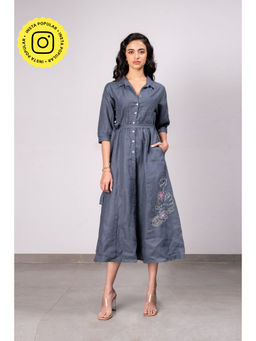 Zebein - Sara Kali Linen Dress With Belt - Charcoal Grey (Set of 2)