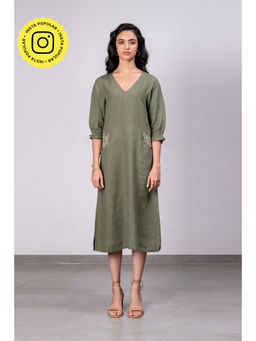 Zebein - Elena Linen A-Line Dress With Welt Pockets - Olive Green