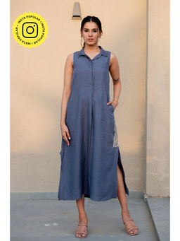 Zebein - Tania Linen Half Placket Long Dress With Pockets - Charcoal Grey
