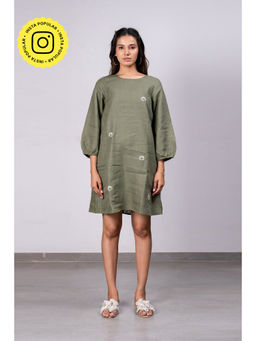 Zebein - Marie Linen A- Line Short Dress With Pockets - Olive Green