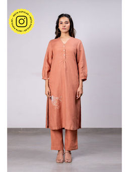 Zebein - Ana Linen V-Neck Kurta- Pants Set With Pockets - Sand Brown (Set of 2)