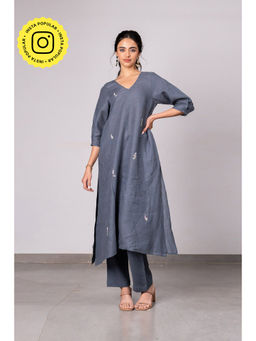 Zebein - Sophia Linen Kurta-Pants Set With Pocket - Charcoal Grey (Set of 2)