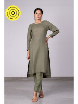 Zebein - Doris Linen High-Low Hem Kurta- Pants With Pockets - Olive Green (Set of 2)