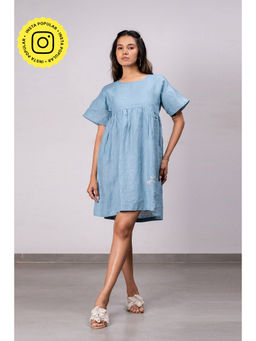 Zebein - Silvia Linen Boxy Short Dress With Pockets - Icy Blue