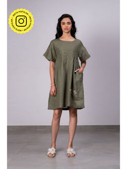 Zebein - Silvia Linen Boxy Short Dress With Pockets - Olive Green