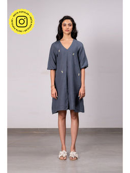 Zebein - Lucy Linen V- Neck Short Dress With Pockets - Charcoal Grey