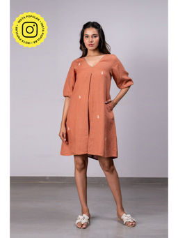Zebein - Lucy Linen V- Neck Short Dress With Pockets - Sand Brown