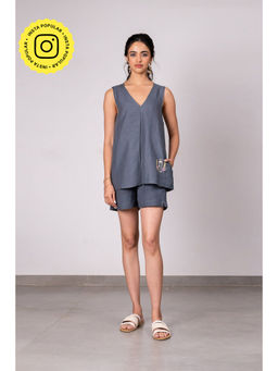Zebein - Adriene Linen Box Pleat Flare Top- Charcoal Grey