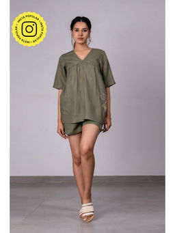 Zebein - Sabina Linen Top With Pocket - Olive Green