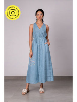 Zebein - Emilia Linen Sleeveless Elastic Waist Long Dress - Icy Blue