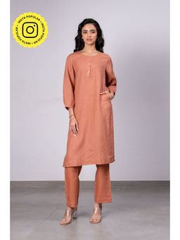 Zebein - Janice Linen Half Placket Kurta- Pants With Pockets - Sand Brown (Set of 2)