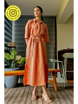Zebein - Tania Linen Half Placket Long Dress With Pockets - Sand Brown (Set of 2)
