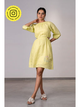 Zebein - Marlow Linen Side Cut Waist Short Dress With Pockets - Lime