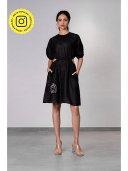 Zebein - Marlow Linen Side Cut Waist Short Dress With Pockets - Black