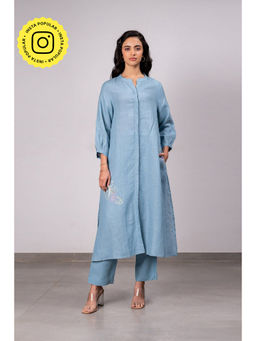 Zebein - Demi Linen Buttoned Kurta- Pant Set With Pockets - Icy Blue (Set of 2)