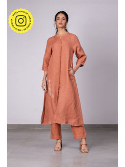 Zebein - Demi Linen Buttoned Kurta- Pant With Pockets - Sand Brown (Set of 2)