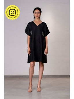 Zebein - Rocio Linen Side Gather Dress With Pockets - Black