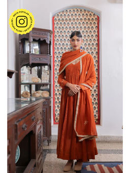 Zebein - Revati Anarkali Kurta with Pant and Dupatta - Rust