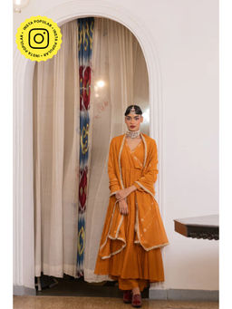 Zebein - Vedika Angrakha Kurta with Pant and Dupatta - Mustard