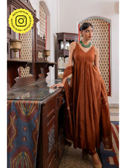 Zebein - Yamini Anarkali Kurta with Pant and Dupatta - Brown