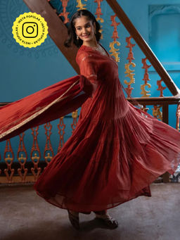 Zebein - Leheriya Angrakha Kurta with Pant and Dupatta - Red