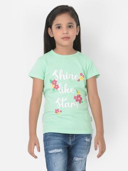 CRIMSOUNE CLUB - Girls Mint Green Printed Round Neck T-Shirt