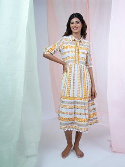 Mukul - White Geometric Midi Dress