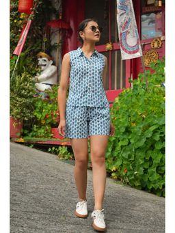 NILAM INDIA - Ela Hand Block Printed Teal Lotus Co-Ord Set (S)