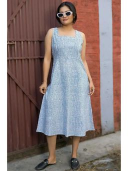 NILAM INDIA - Avni Hand Block Printed Blue Sleeveless Midi Dress (S)
