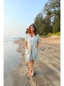 NILAM INDIA - Bani Hand Block Printed Green Kimono with Belt