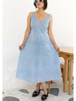 NILAM INDIA - Avni Hand Block Printed Blue Striped Sleeveless Midi Dress (XS)