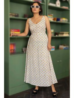 NILAM INDIA - Avni Hand Block Printed Yellow Cassia Sleeveless Midi Dress (M)