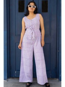 NILAM INDIA - Zahra Hand Block Printed Violet Striped Jumpsuit with Belt (M)