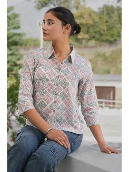 NILAM INDIA - Aditi Hand Block Printed Grey Geometric Shirt (S)