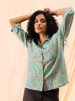 NILAM INDIA - Aditi Hand Block Printed Floral Boxy Shirt (XL)