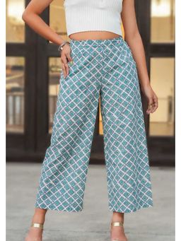 NILAM INDIA - Fariha Hand Block Printed Teal Geometric Culottes (M)