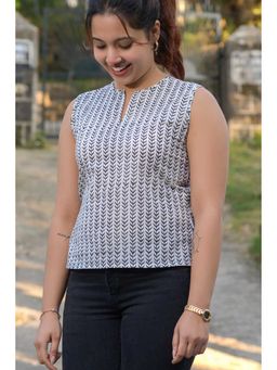 NILAM INDIA - Nova Hand Block Printed Black Leaf Sleeveless Top (S)